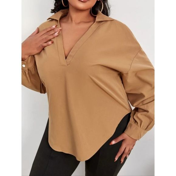 Women's Brown V-Neck Drop Shoulder Blouse Plus Size 3XL - Picture 2 of 6